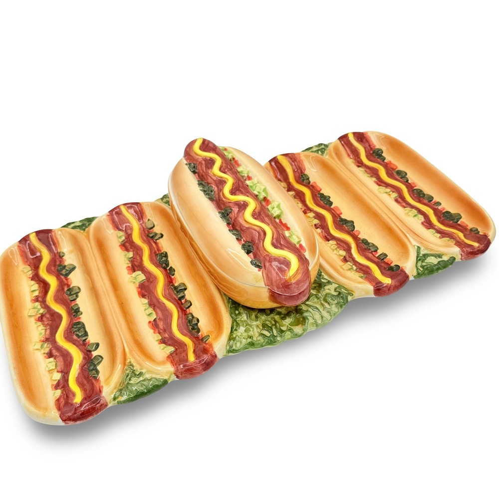 Vintage World Bazaar Ceramic Hot Dog Platter Party Tray Lid Cookout Kitsch Retro